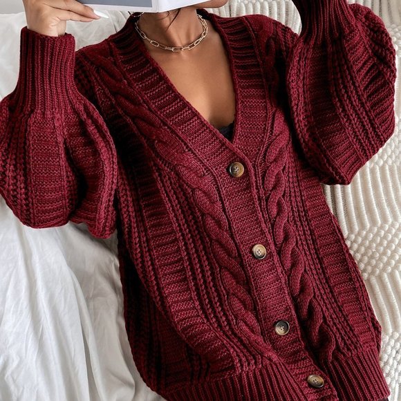 Burgundy Casual Womens Bishop Sleeve Button Up Cardigan - Picture 5 of 5